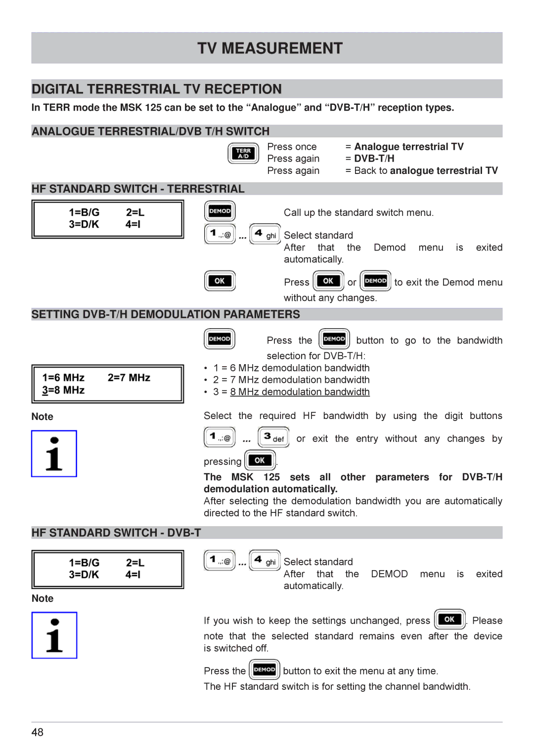 Kathrein MSK 125 manual Digital Terrestrial TV Reception, Setting DVB-T/H Demodulation Parameters, HF Standard Switch DVB-T 