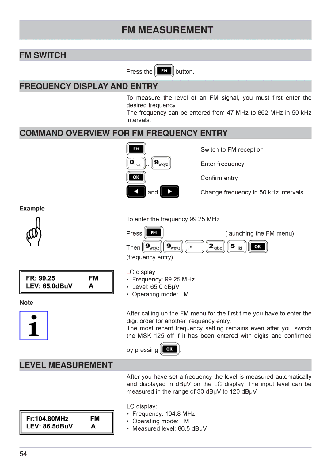 Kathrein MSK 125 manual FM Measurement, FM Switch, Command Overview for FM Frequency Entry, Level Measurement 