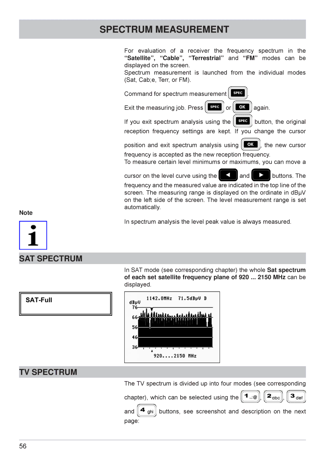 Kathrein MSK 125 manual Spectrum Measurement, SAT Spectrum, TV Spectrum 