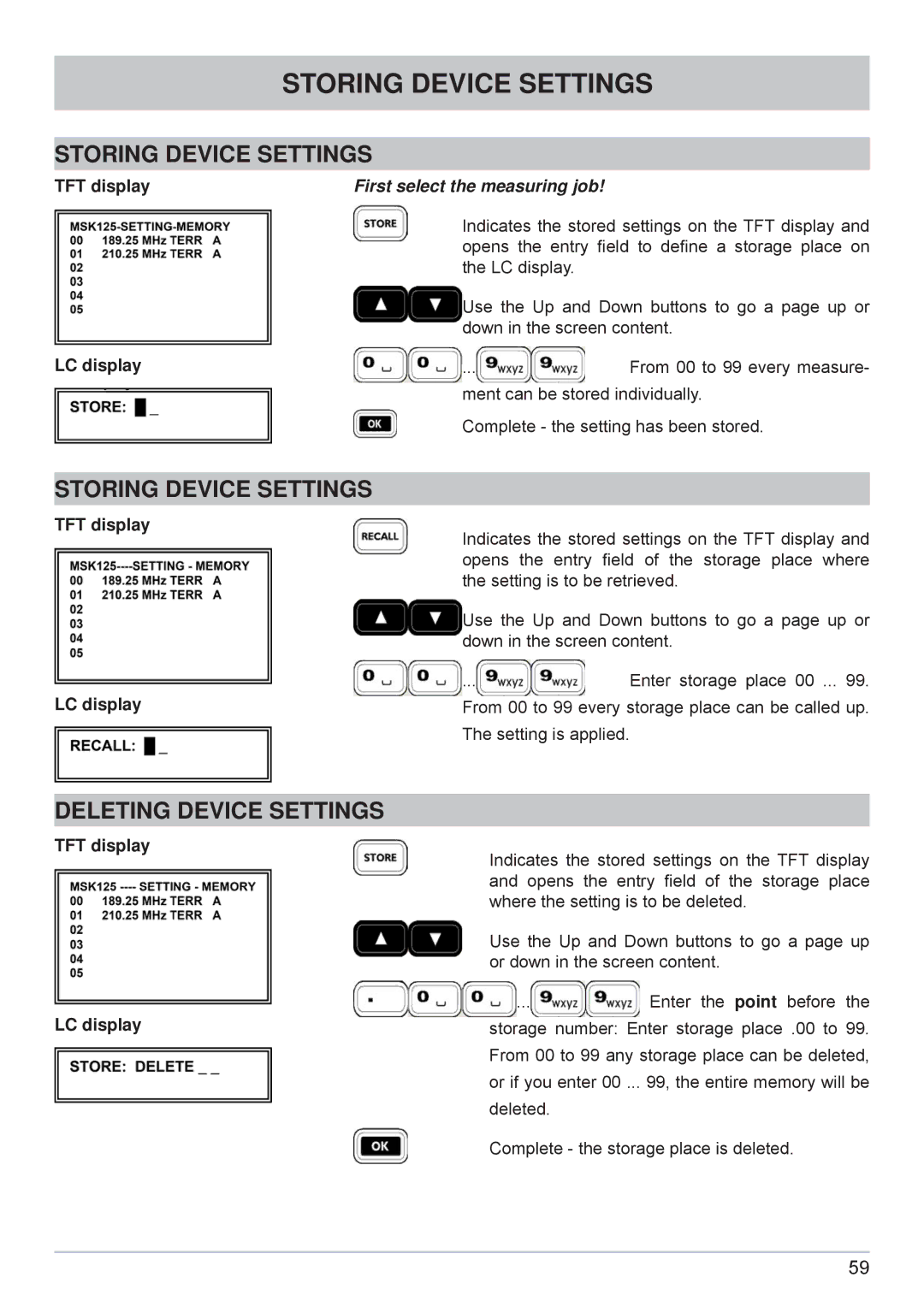 Kathrein MSK 125 manual Storing Device Settings, Deleting Device Settings, TFT display LC display 