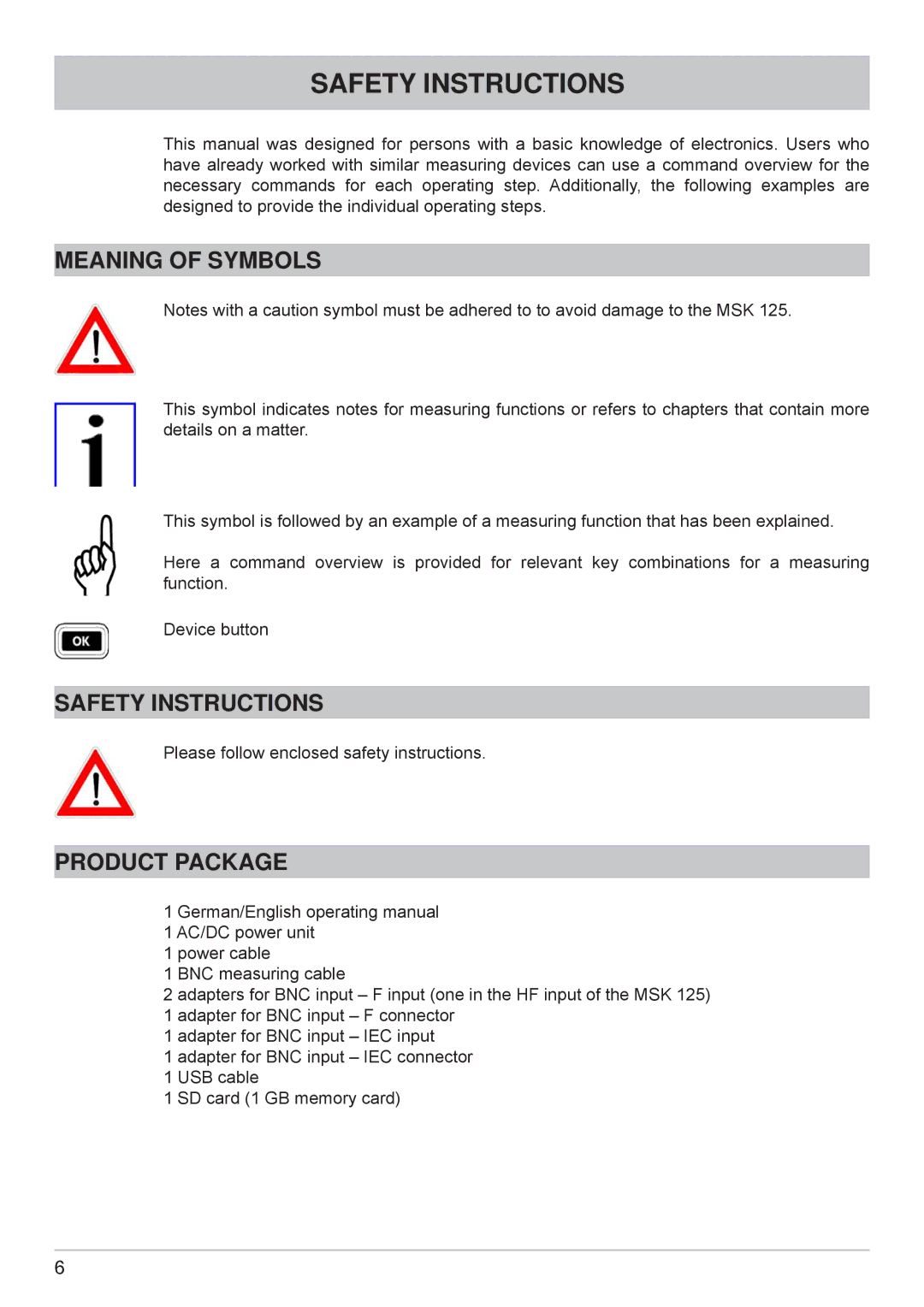 Kathrein MSK 125 manual Safety Instructions, Meaning of Symbols, Product Package 