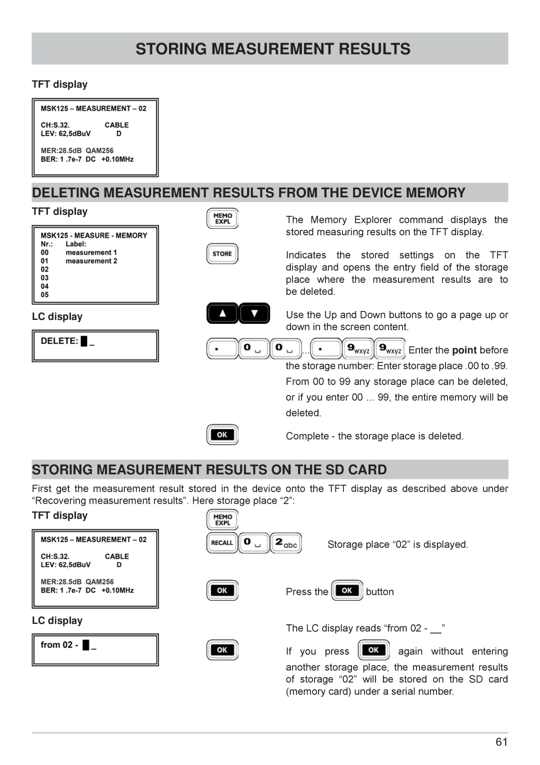 Kathrein MSK 125 manual Deleting Measurement Results from the Device Memory, Storing Measurement Results on the SD Card 