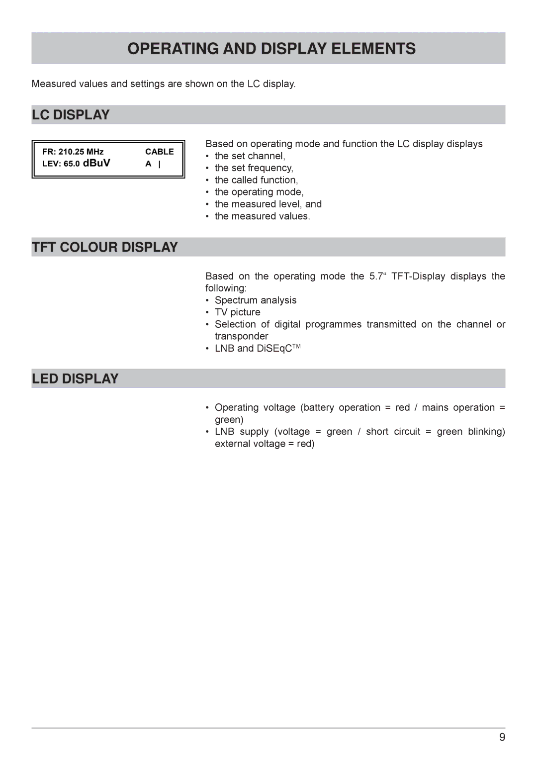 Kathrein MSK 125 manual Operating and Display Elements, LC Display, TFT Colour Display, LED Display 