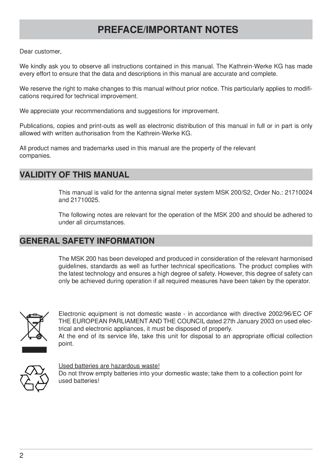 Kathrein MSK 200/S2 user manual PREFACE/IMPORTANT Notes, Validity of this Manual, General Safety Information 