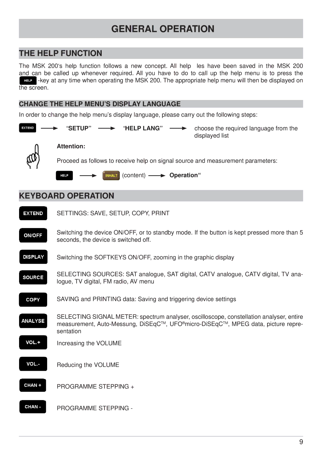 Kathrein MSK 200/S2 General Operation, Help Function, Keyboard Operation, Change the Help MENU’S Display Language 