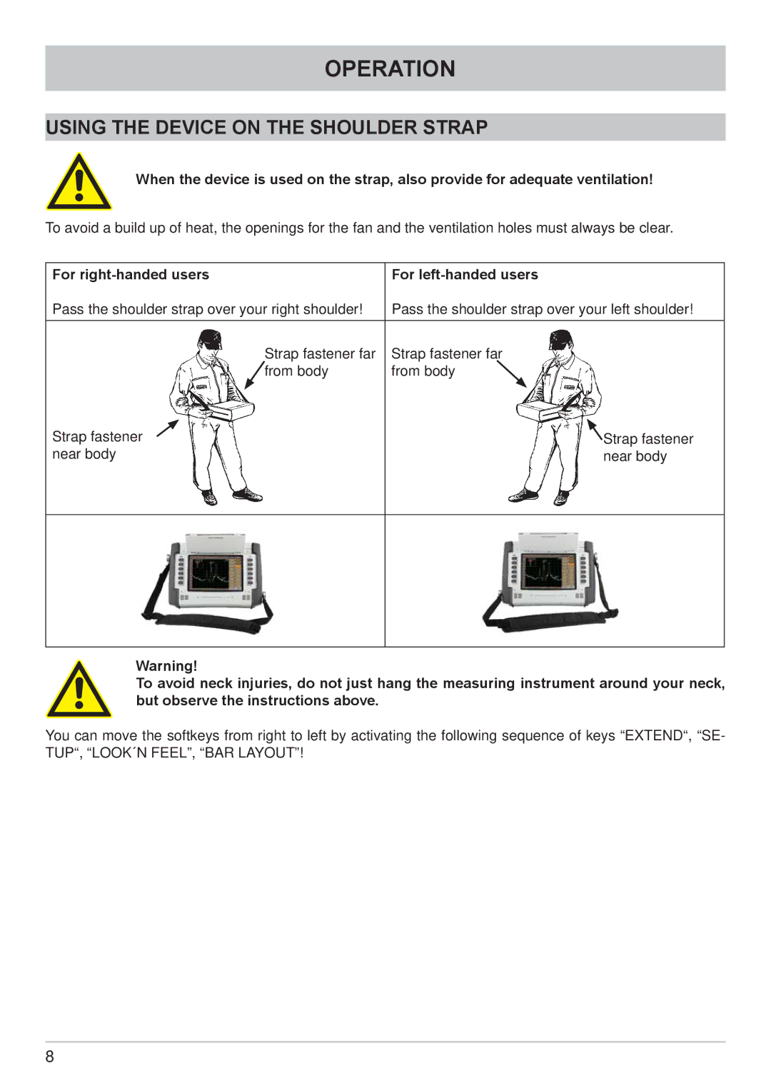 Kathrein MSK 200/S2 user manual Using the Device on the Shoulder Strap, For right-handed users For left-handed users 