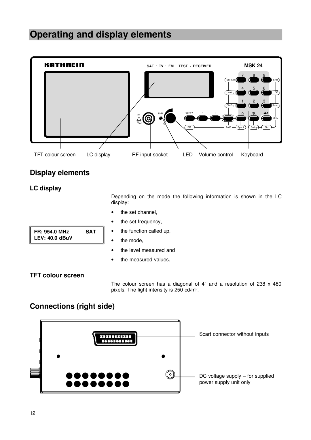 Kathrein MSK 24 Operating and display elements, Display elements, Connections right side, LC display, TFT colour screen 