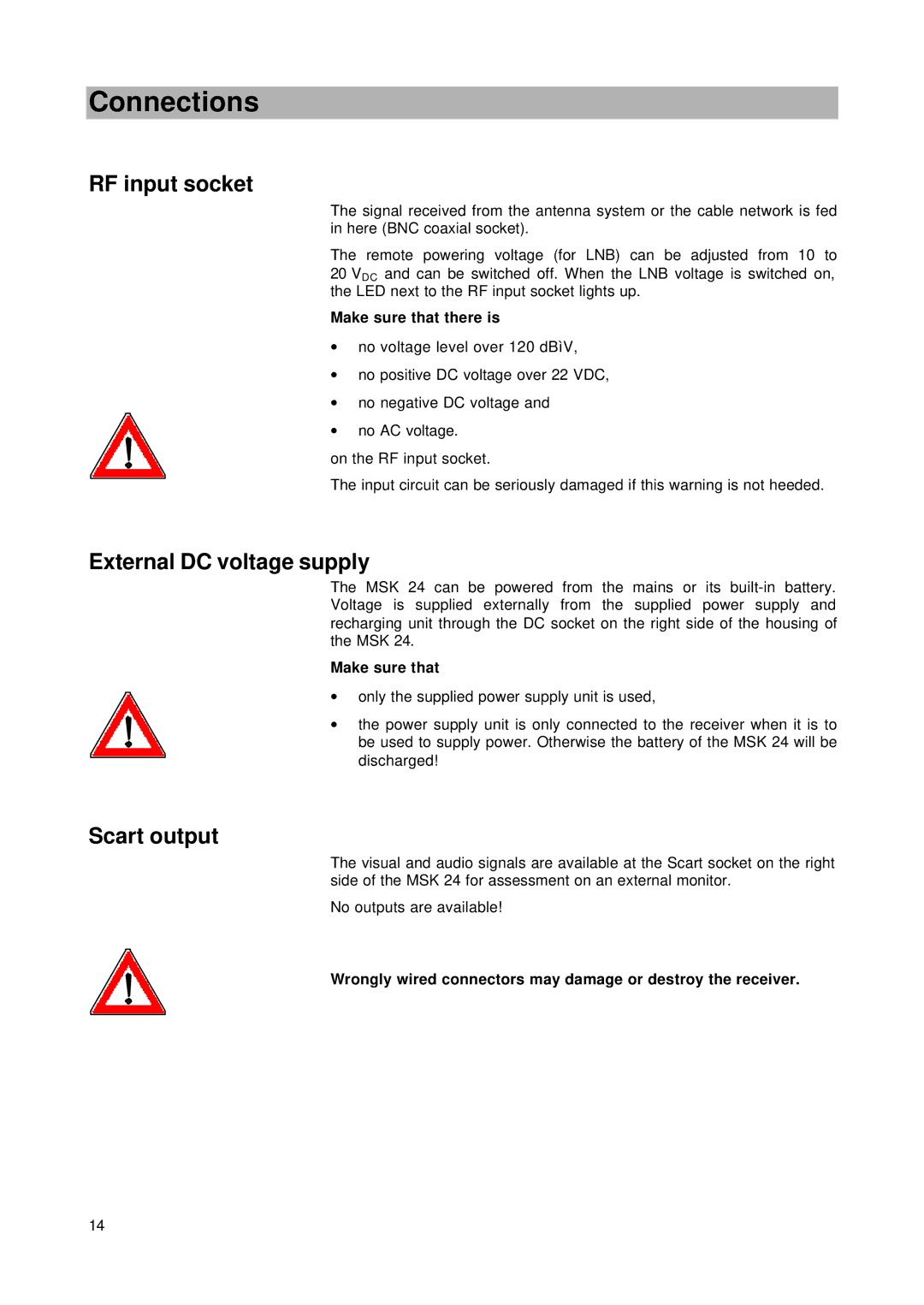 Kathrein MSK 24 manual Connections, RF input socket, External DC voltage supply, Scart output 