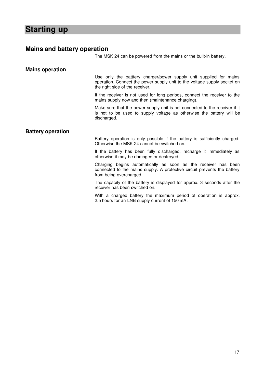 Kathrein MSK 24 manual Mains and battery operation, Mains operation, Battery operation 