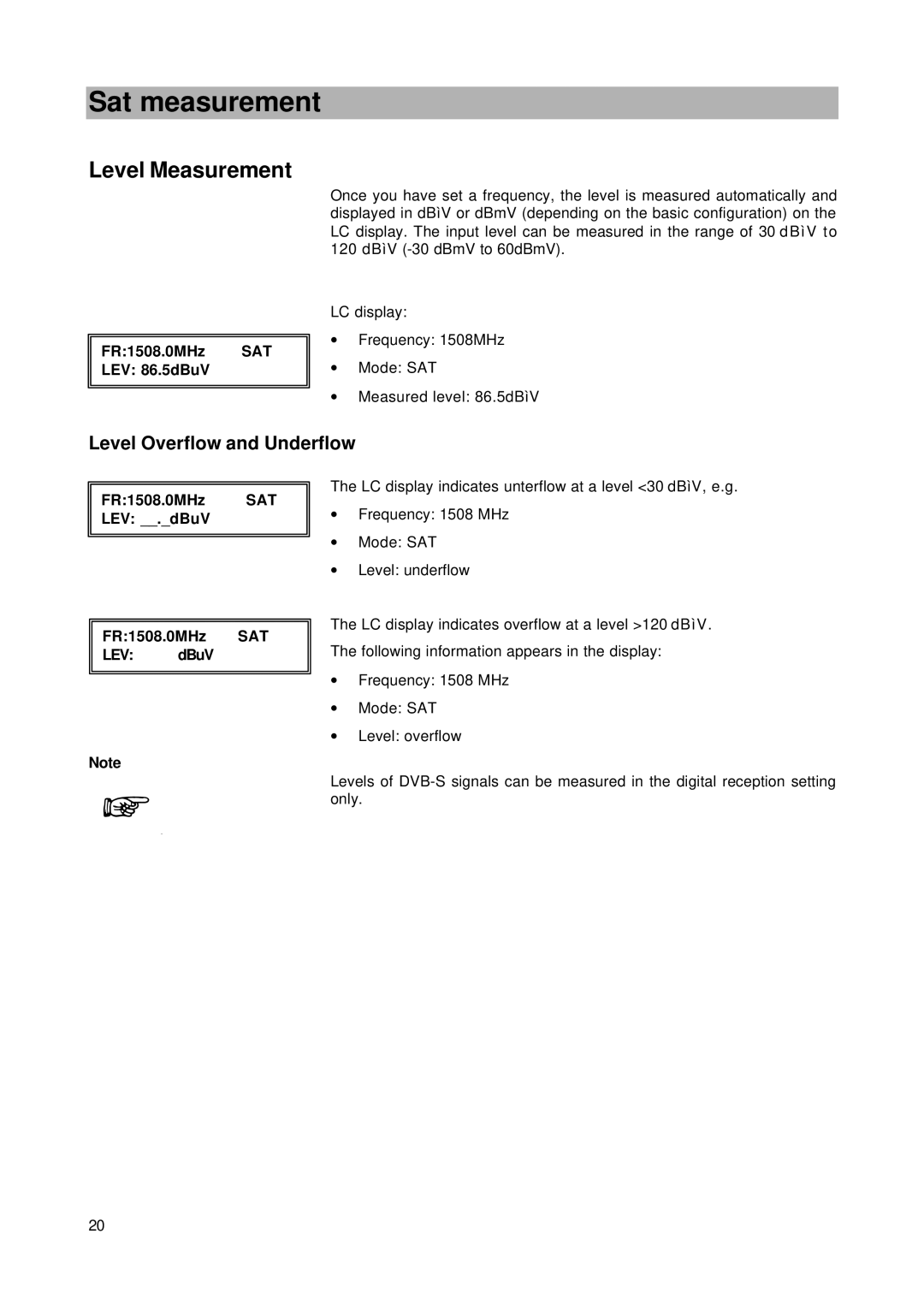 Kathrein MSK 24 manual Level Measurement, Level Overflow and Underflow, LEV .dBuV, LEV dBuV 