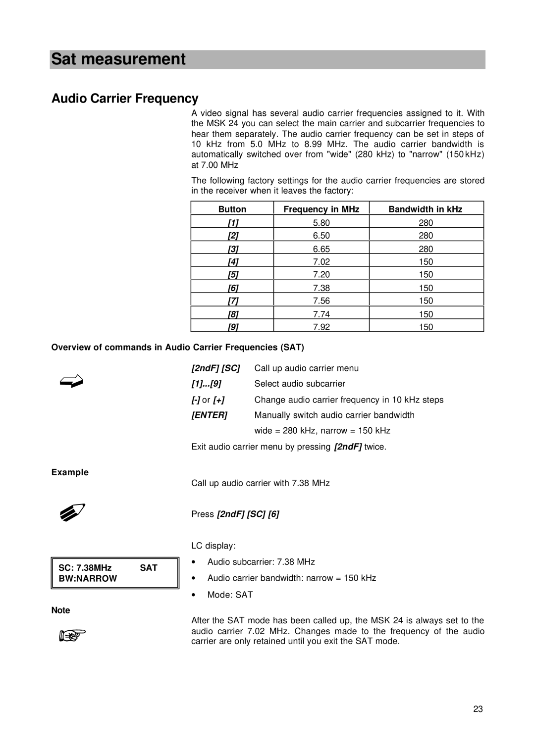 Kathrein MSK 24 manual Audio Carrier Frequency, Button Frequency in MHz Bandwidth in kHz, Press 2ndF SC 