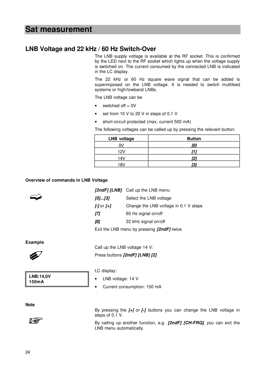 Kathrein MSK 24 manual LNB Voltage and 22 kHz / 60 Hz Switch-Over, LNB voltage Button, Press buttons 2ndF LNB 