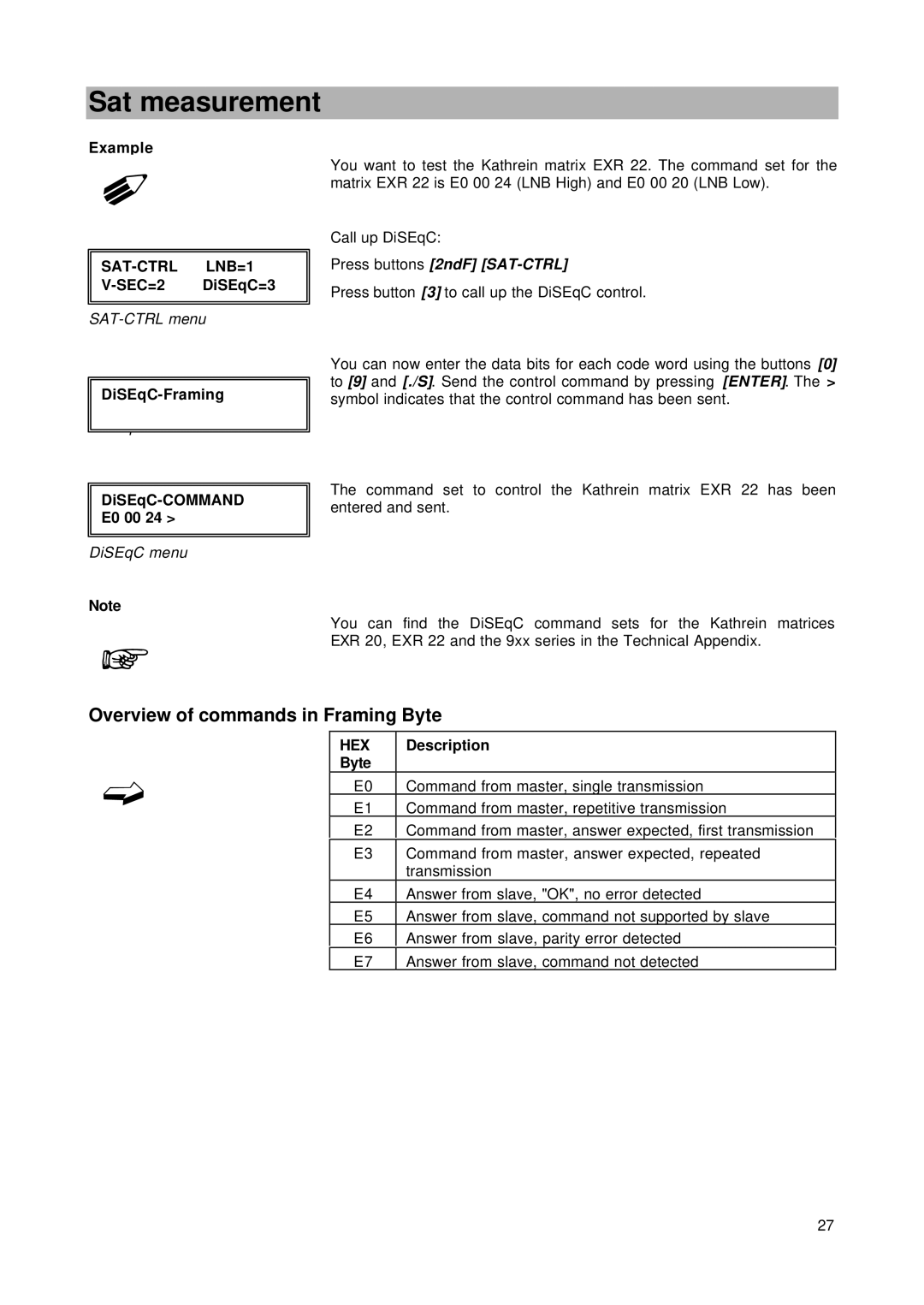 Kathrein MSK 24 manual Overview of commands in Framing Byte, Press buttons 2ndF SAT-CTRL 