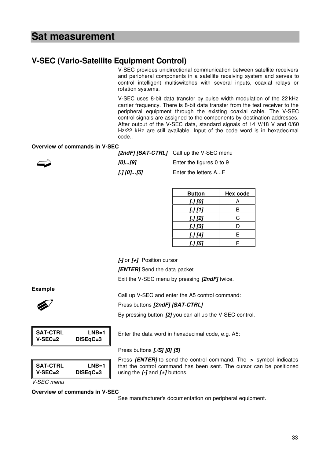 Kathrein MSK 24 manual SEC Vario-Satellite Equipment Control, 2ndF SAT-CTRL Call up the V-SEC menu, Enter the figures 0 to 