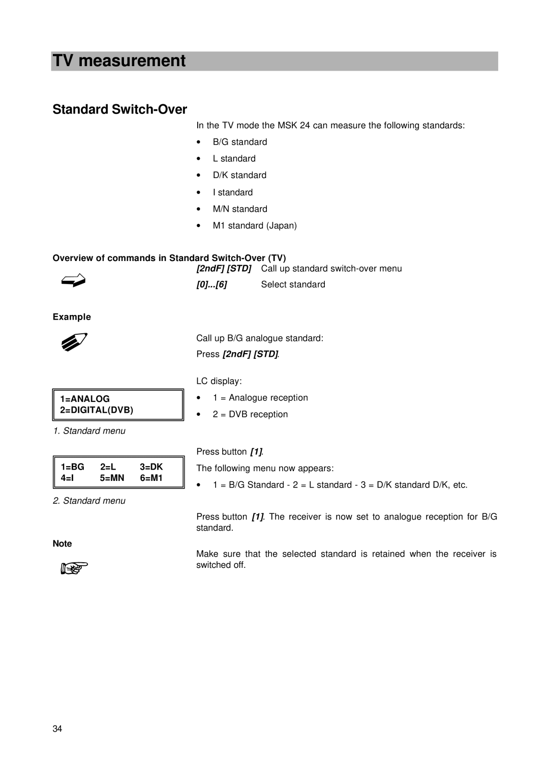 Kathrein MSK 24 manual TV measurement, Overview of commands in Standard Switch-Over TV, =BG 2=L 3=DK =I 5=MN 6=M1 