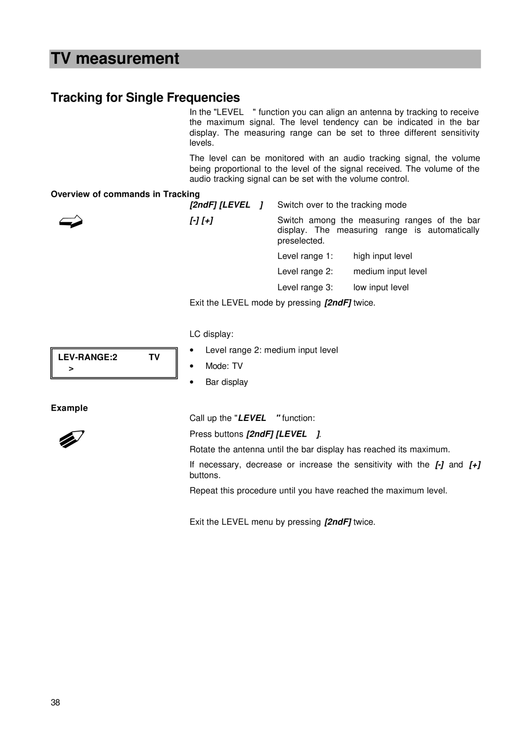 Kathrein MSK 24 manual LEV-RANGE2 TV Example, Press buttons 2ndF Level 