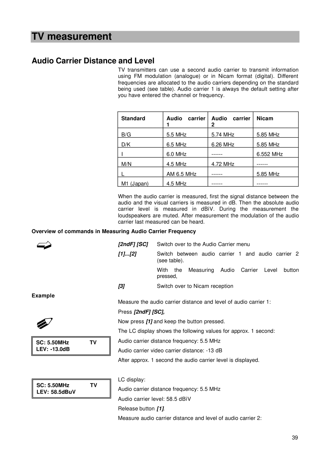 Kathrein MSK 24 manual Audio Carrier Distance and Level, Standard Audio carrier Nicam, SC 5.50MHz LEV -13.0dB LEV 58.5dBuV 