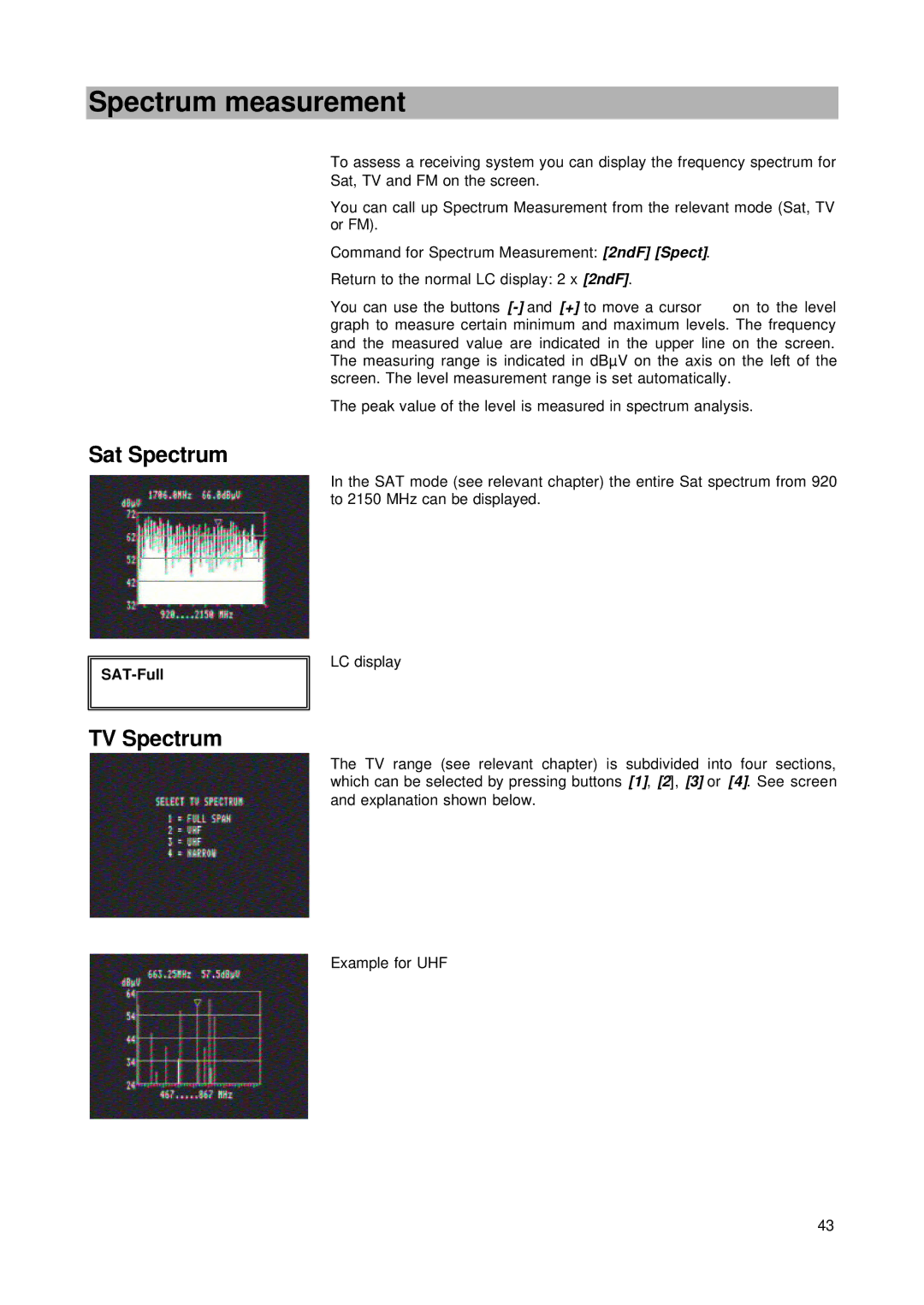 Kathrein MSK 24 manual Spectrum measurement, Sat Spectrum, TV Spectrum, SAT-Full 