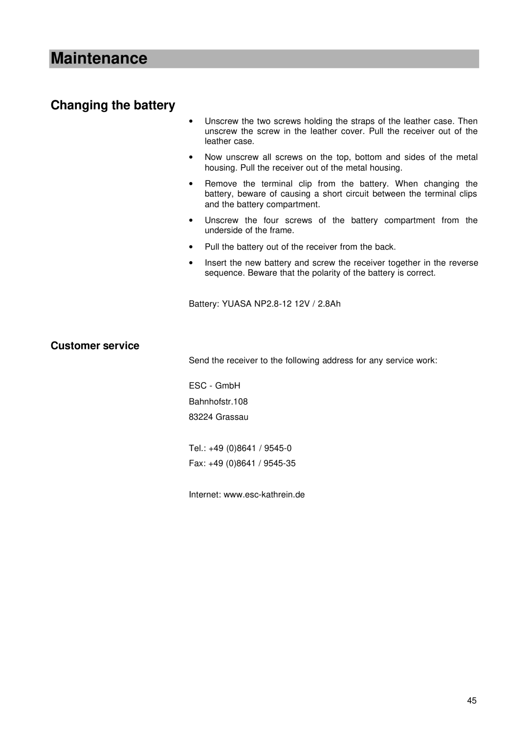 Kathrein MSK 24 manual Maintenance, Changing the battery, Customer service 