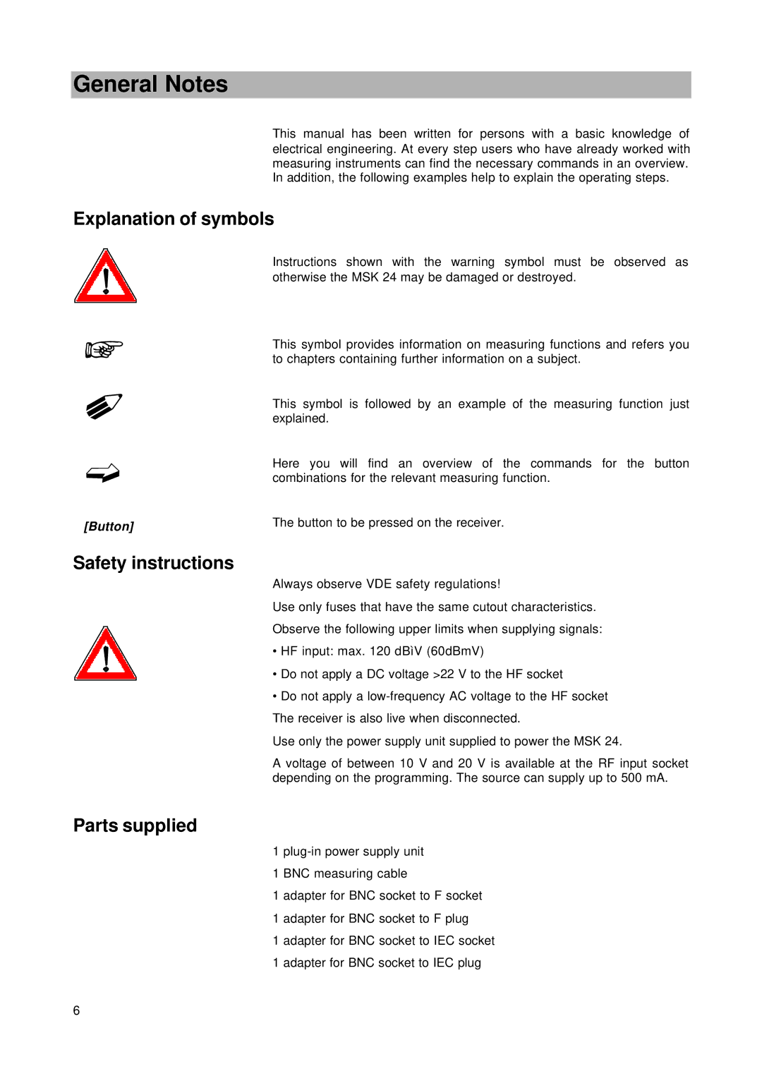 Kathrein MSK 24 manual General Notes, Explanation of symbols, Safety instructions, Parts supplied 