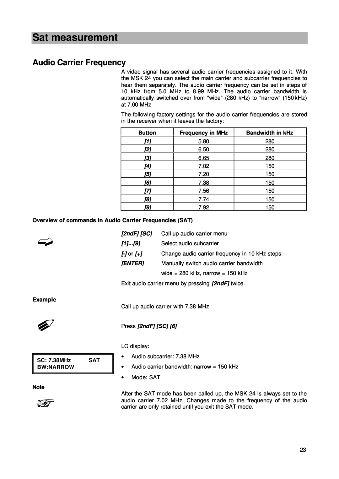 Kathrein MSK 24 manual Audio Carrier Frequency, Press 2ndF SC, Sat measurement 