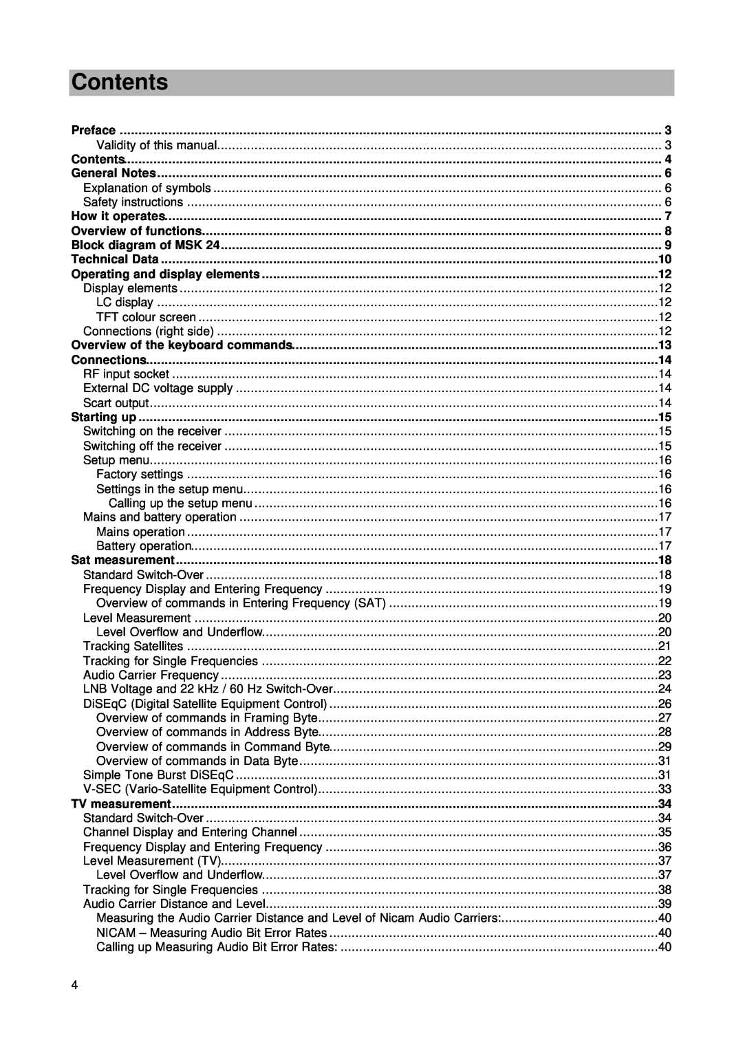Kathrein MSK 24 manual Contents, Overview of the keyboard commands, Connections, Sat measurement, TV measurement 