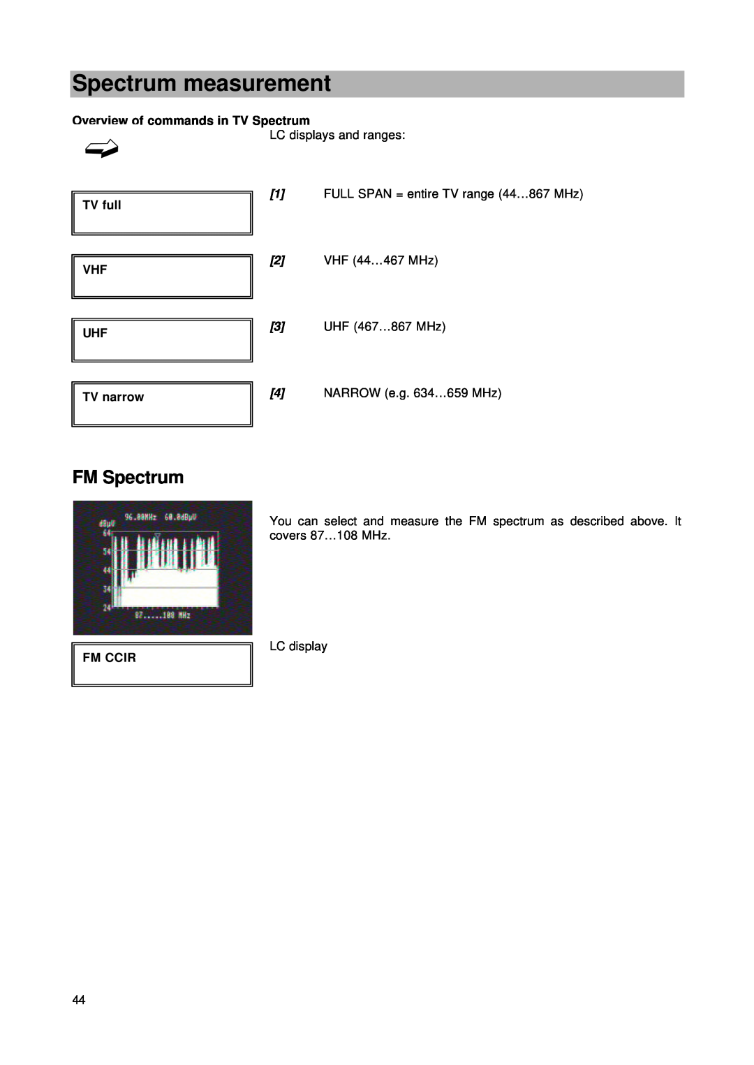 Kathrein MSK 24 manual FM Spectrum, Spectrum measurement, Overview of commands in TV Spectrum, TV full, TV narrow, Fm Ccir 