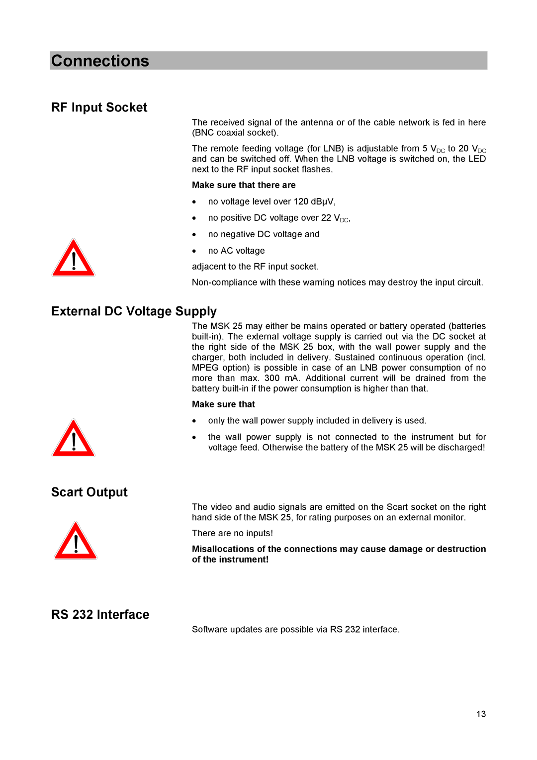 Kathrein MSK 25 manual Connections, RF Input Socket, External DC Voltage Supply, Scart Output, RS 232 Interface 