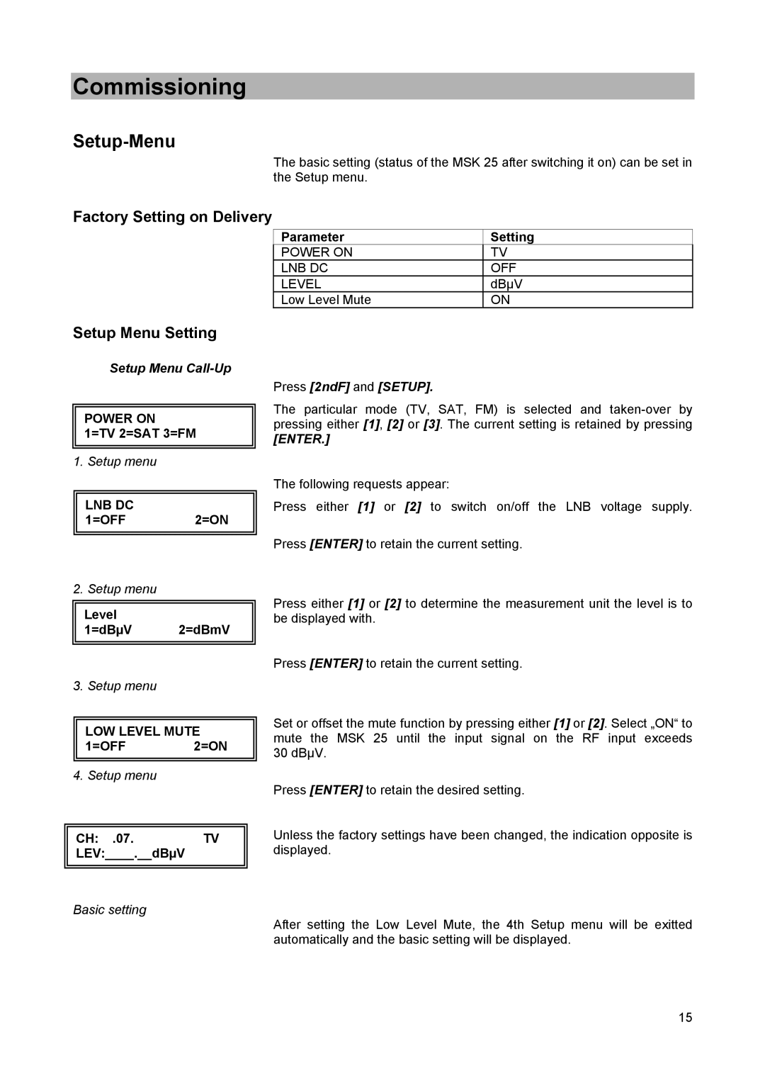 Kathrein MSK 25 manual Setup-Menu, Factory Setting on Delivery, Setup Menu Setting, Setup Menu Call-Up 