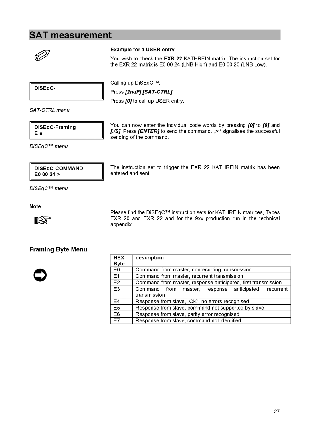 Kathrein MSK 25 manual Framing Byte Menu, Press 2ndF SAT-CTRL, Hex 