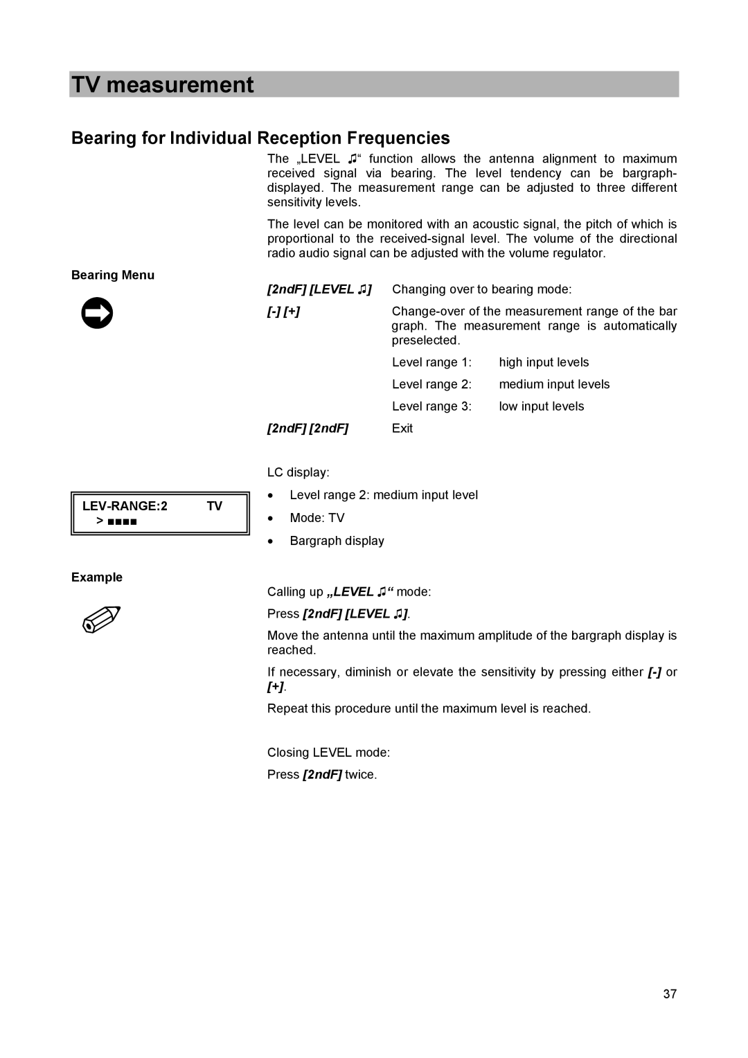 Kathrein MSK 25 manual Bearing Menu, LEV-RANGE2 TV 