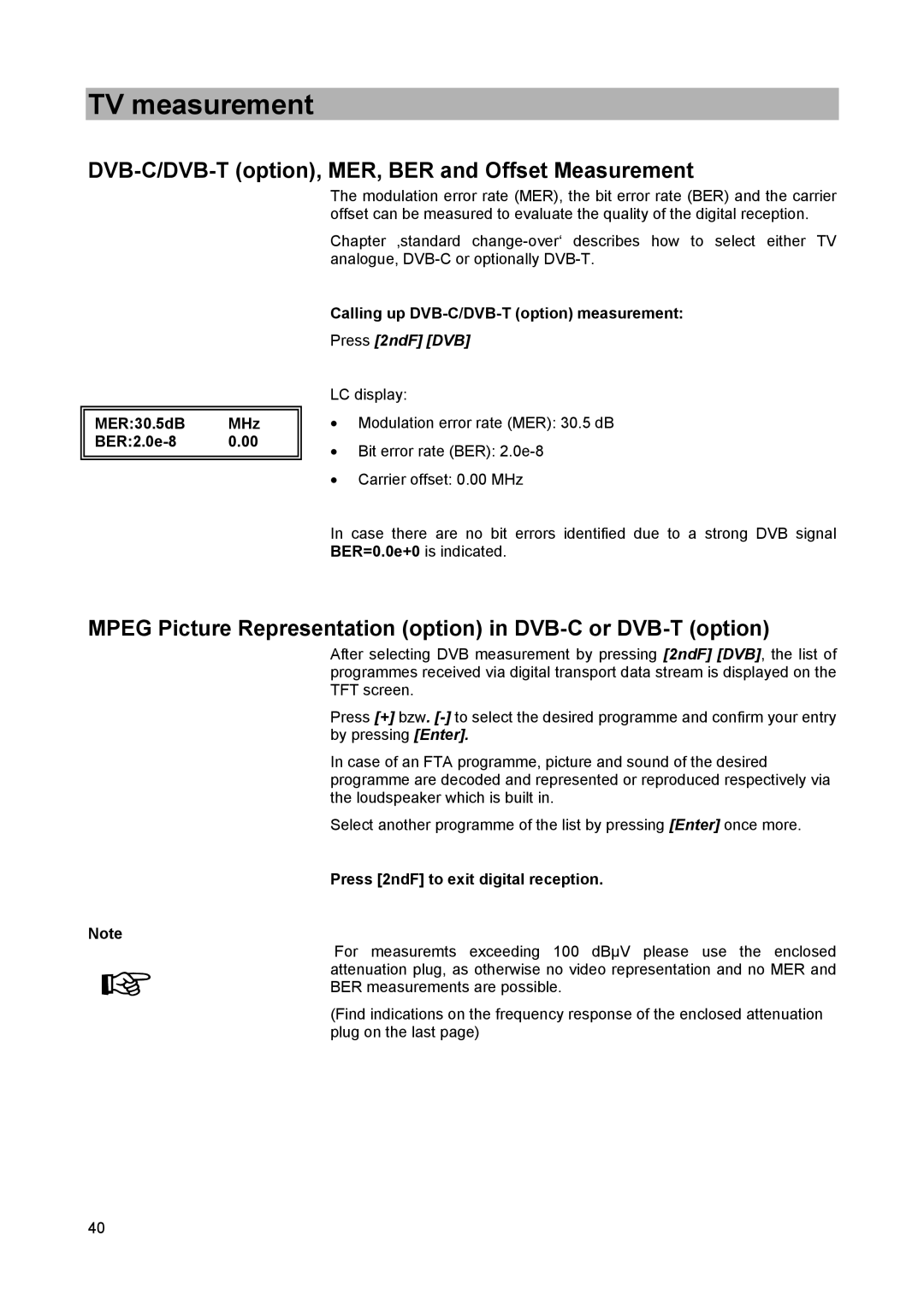 Kathrein MSK 25 manual DVB-C/DVB-T option, MER, BER and Offset Measurement, MER30.5dB MHz BER2.0e-8, Press 2ndF DVB 