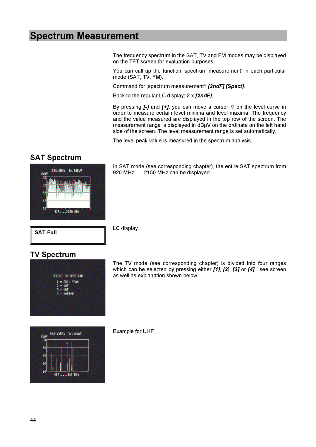 Kathrein MSK 25 manual Spectrum Measurement, SAT Spectrum, TV Spectrum, SAT-Full 