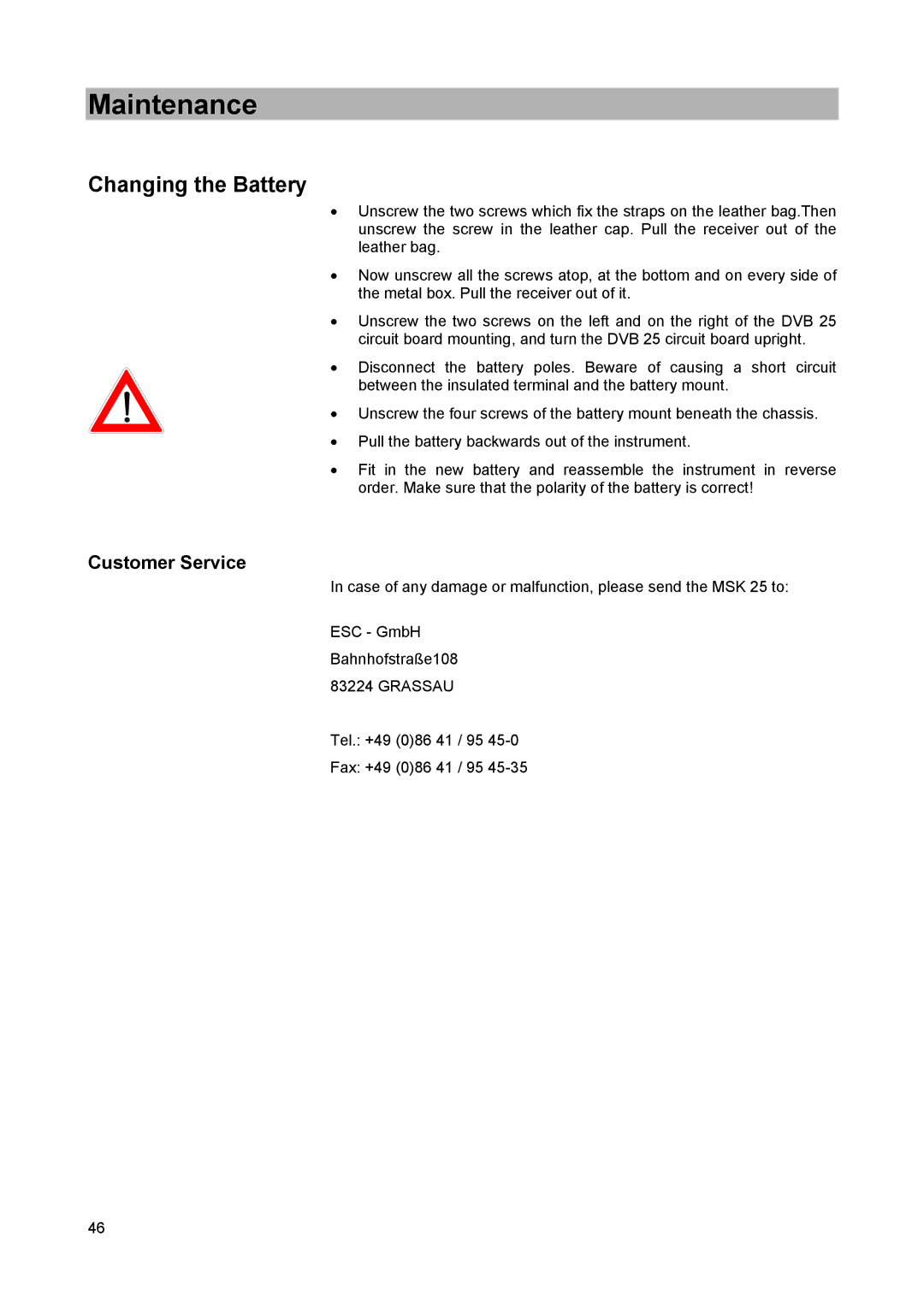 Kathrein MSK 25 manual Maintenance, Changing the Battery, Customer Service 