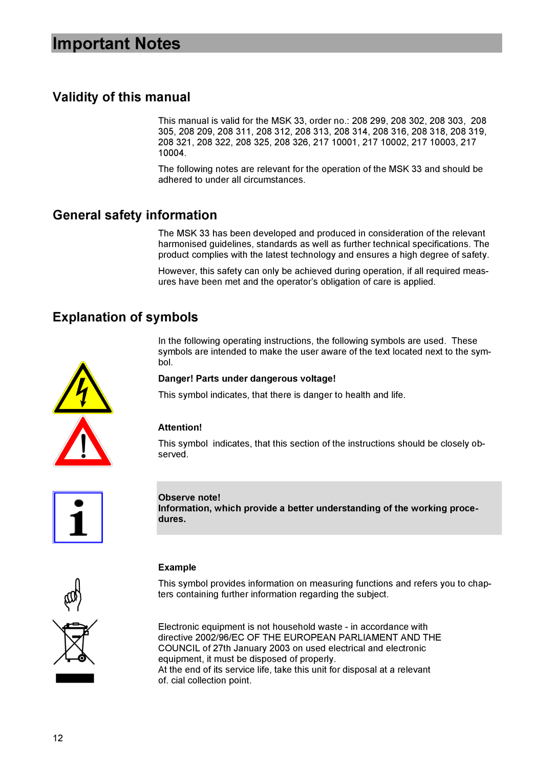 Kathrein MSK 33, 9986492 Important Notes, Validity of this manual, General safety information, Explanation of symbols 