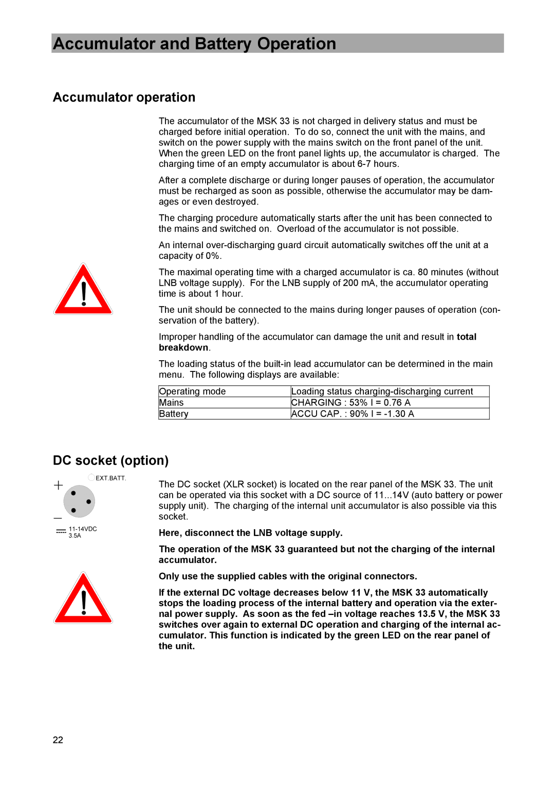 Kathrein MSK 33, 9986492 manual Accumulator and Battery Operation, Accumulator operation, DC socket option 