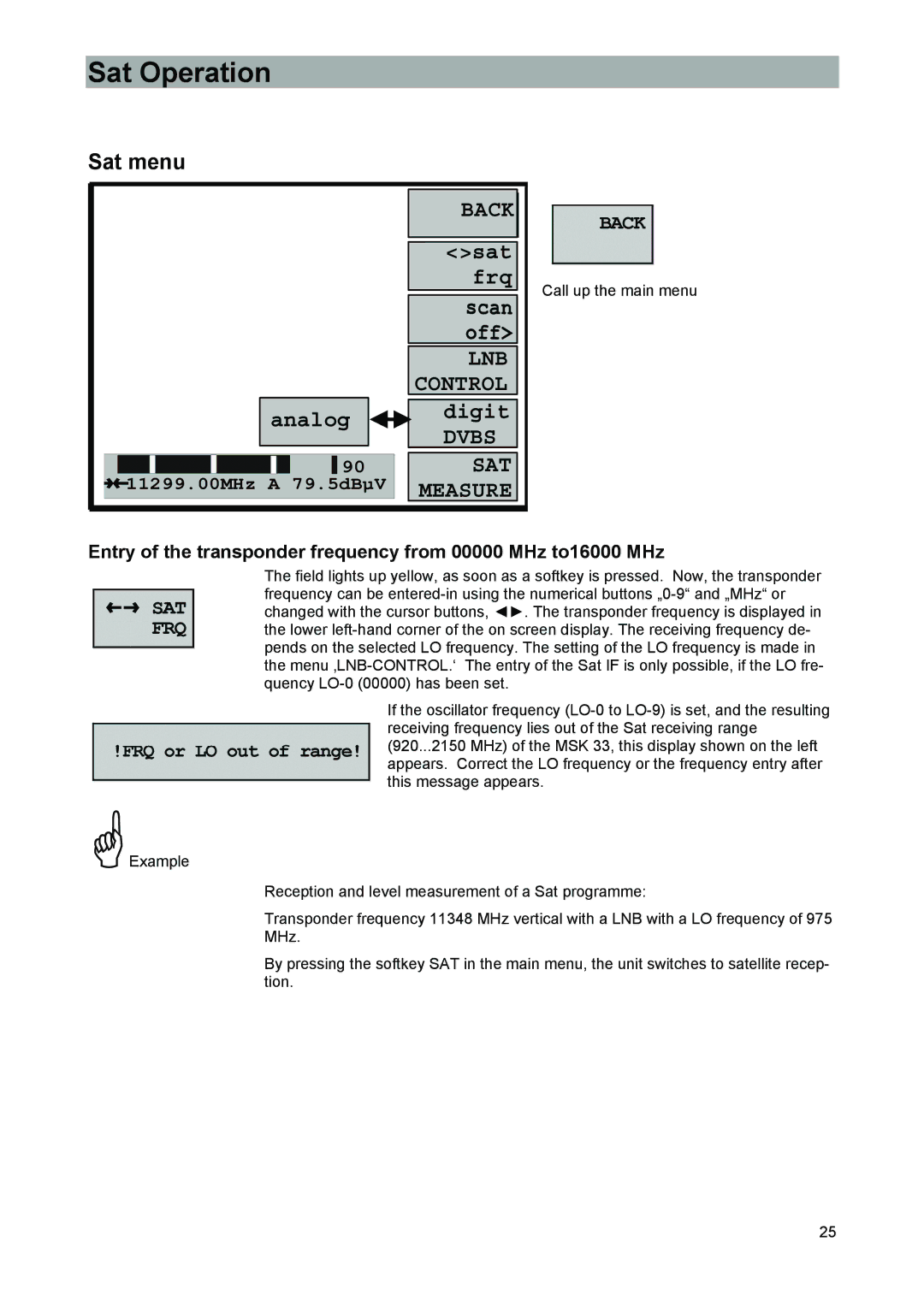 Kathrein 9986492, MSK 33 manual Sat Operation, Sat menu 