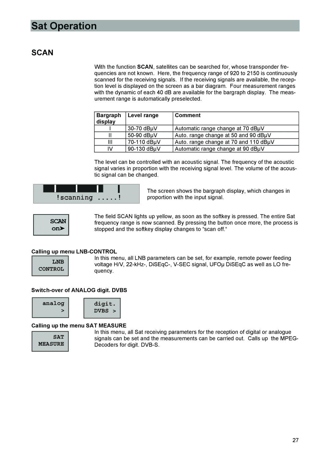 Kathrein 9986492 Bargraph Level range Comment Display, Iii, Calling up menu LNB-CONTROL, Switch-over of Analog digit. Dvbs 