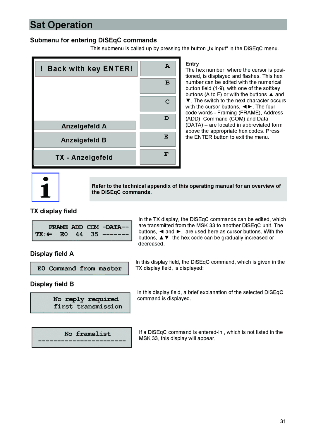 Kathrein 9986492, MSK 33 Submenu for entering DiSEqC commands, TX display field, Display field a, Display field B, Entry 