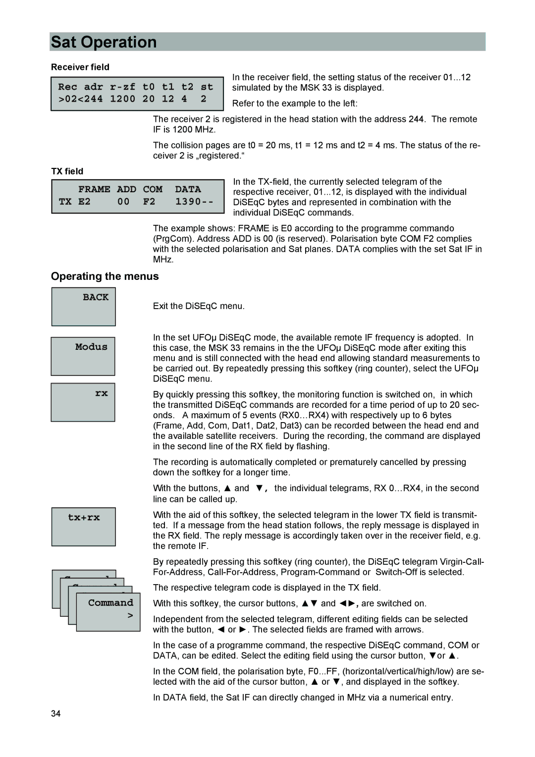 Kathrein MSK 33, 9986492 manual 1390, Operating the menus, Modus, Tx+rx Command 