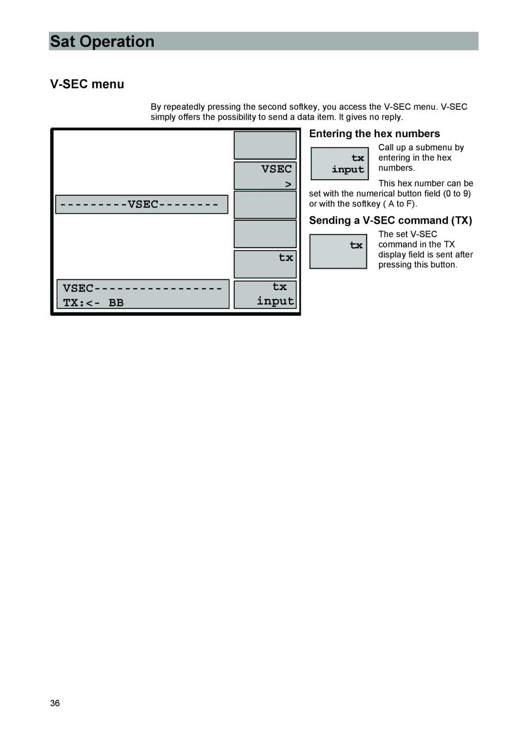 Kathrein MSK 33, 9986492 manual SEC menu, Entering the hex numbers, Sending a V-SEC command TX 