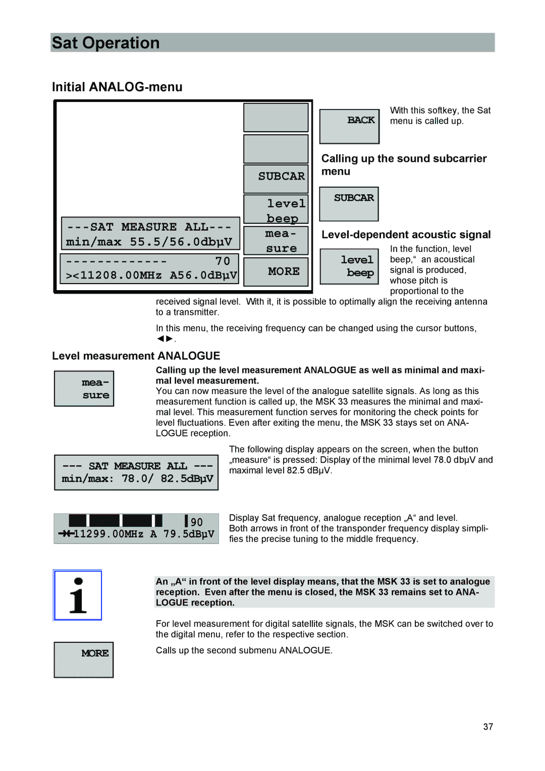 Kathrein 9986492, MSK 33 manual Initial ANALOG-menu, Calling up the sound subcarrier, Menu, Level-dependent acoustic signal 