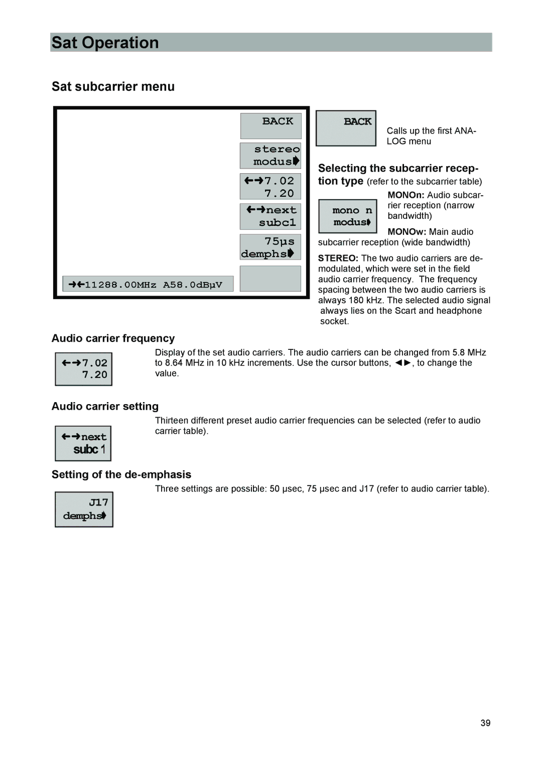 Kathrein 9986492, MSK 33 Sat subcarrier menu, Audio carrier frequency, Audio carrier setting, Setting of the de-emphasis 