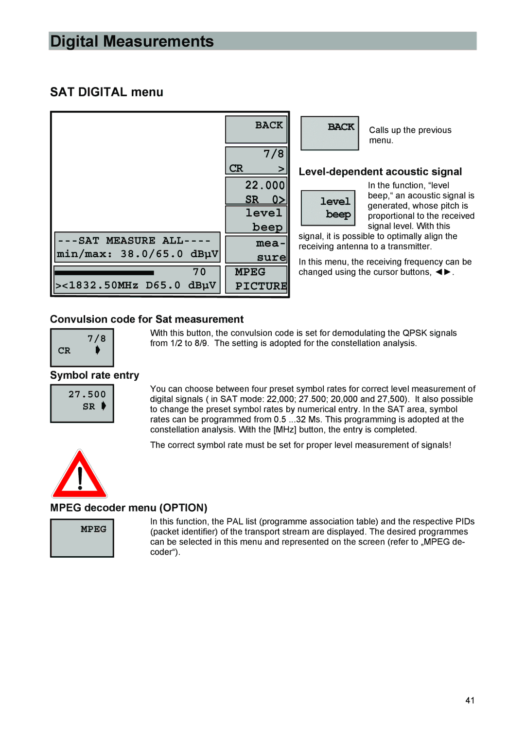 Kathrein 9986492, MSK 33 manual Digital Measurements, SAT Digital menu, 27.500 