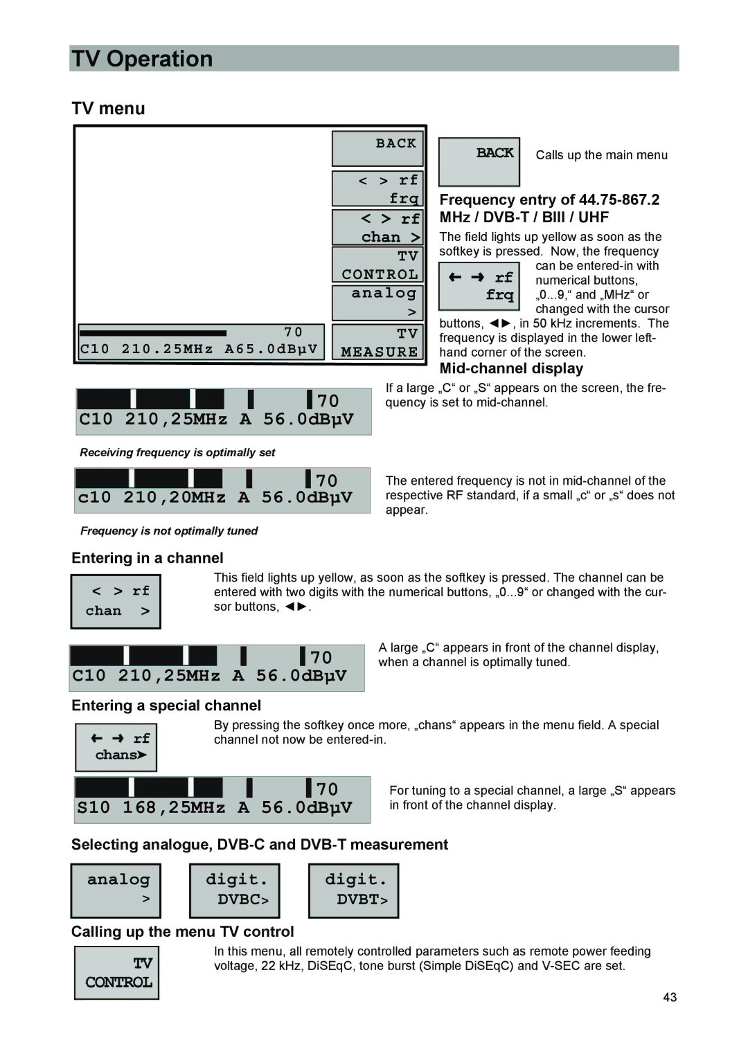 Kathrein 9986492, MSK 33 manual TV Operation, TV menu, C10 210.25MHz A65.0dBµV, Rf chan 