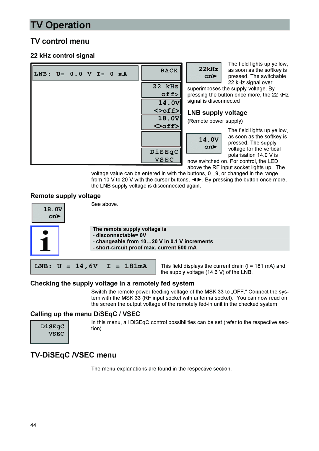 Kathrein MSK 33, 9986492 manual TV control menu, TV-DiSEqC /VSEC menu, LNB U= 0.0 V I= 0 mA 