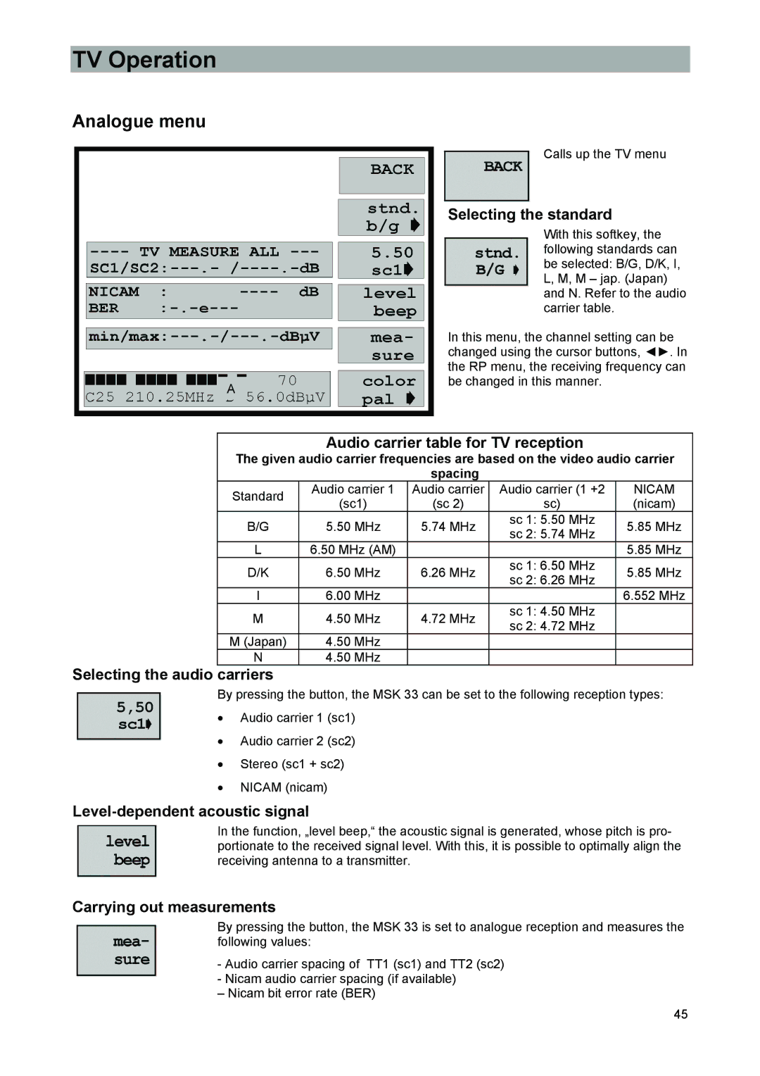 Kathrein 9986492 Analogue menu, Selecting the standard, Audio carrier table for TV reception, Selecting the audio carriers 