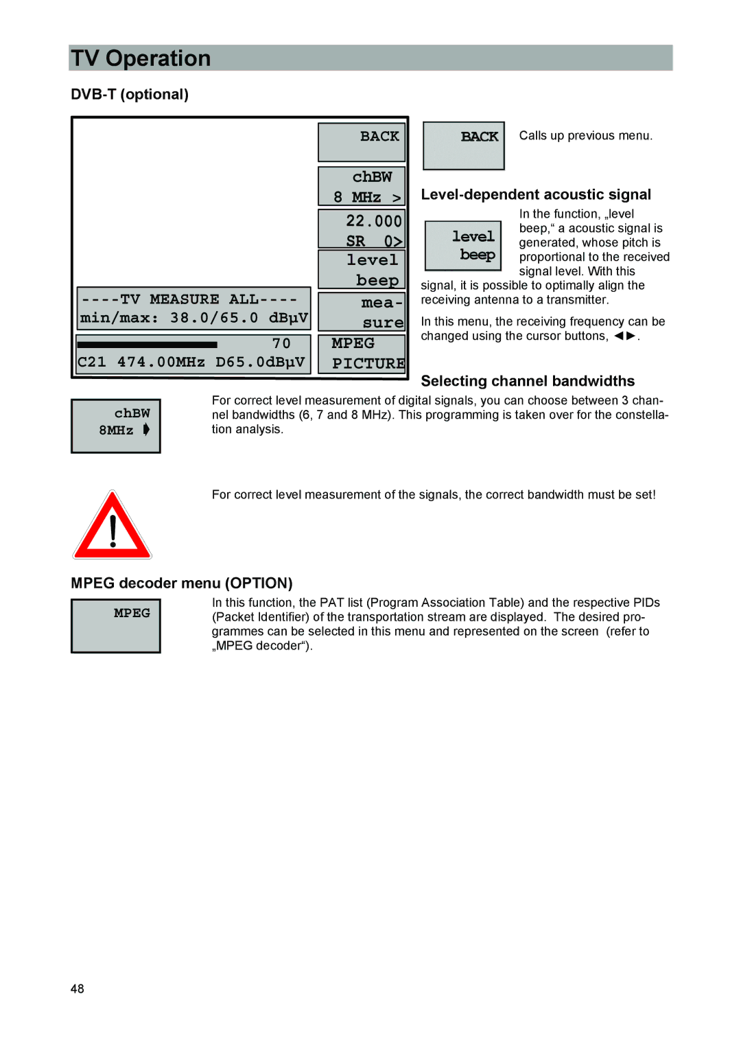 Kathrein MSK 33, 9986492 manual DVB-T optional, Selecting channel bandwidths, ChBW 8MHz 