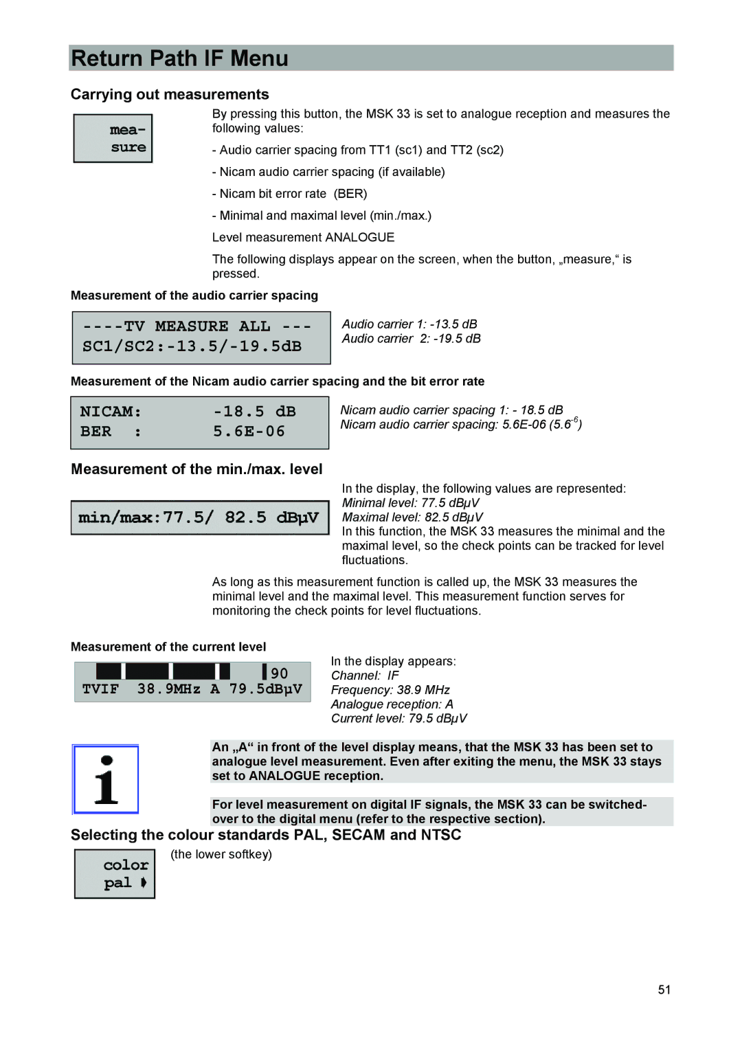 Kathrein 9986492, MSK 33 manual Measurement of the min./max. level, Measurement of the audio carrier spacing 