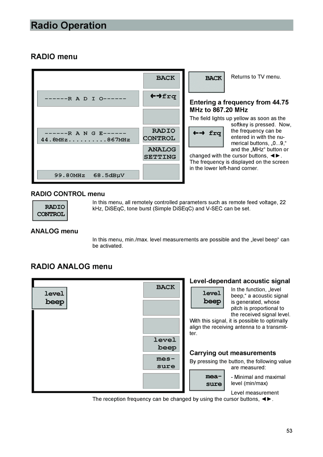 Kathrein 9986492, MSK 33 manual Radio Operation, Radio menu, Radio Analog menu 